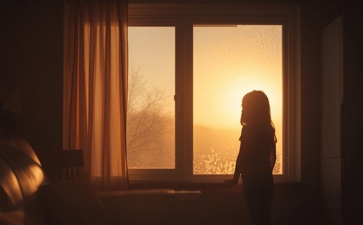 Warmly lit kitchen or living room. Soft silhouette of a child or teen standing by a frosted or slightly fogged window natural pose waiting or gazing outside. Mood of quiet anticipation memory and warmth