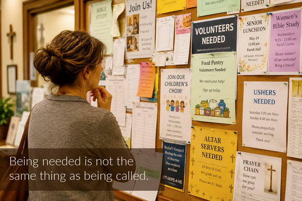 A woman stands thoughtfully in front of a crowded parish bulletin board filled with ministry sign-up sheets, volunteer requests, Bible studies, and parish announcements. Text overlay reads: “Being needed is not the same thing as being called.”