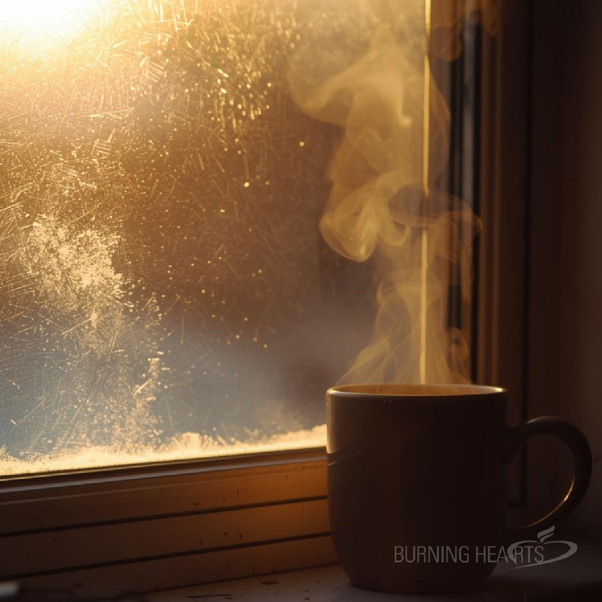 Steam rising from a mug beside a frosted window in warm golden light, creating a peaceful winter scene that reflects the meaning of Advent and the quiet prayer of preparing the heart for Christ.