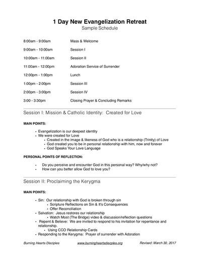 1 Day Evangelization Retreat Sample Schedule