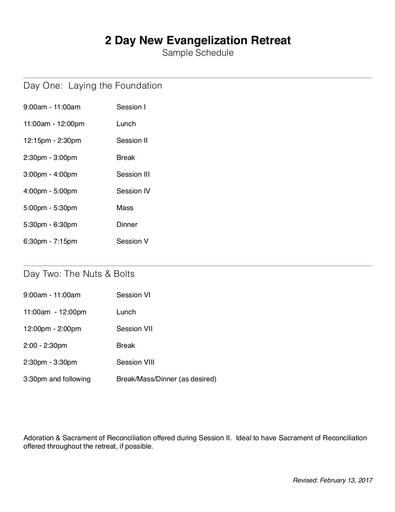 2 Day Evangelization Retreat Sample Schedule